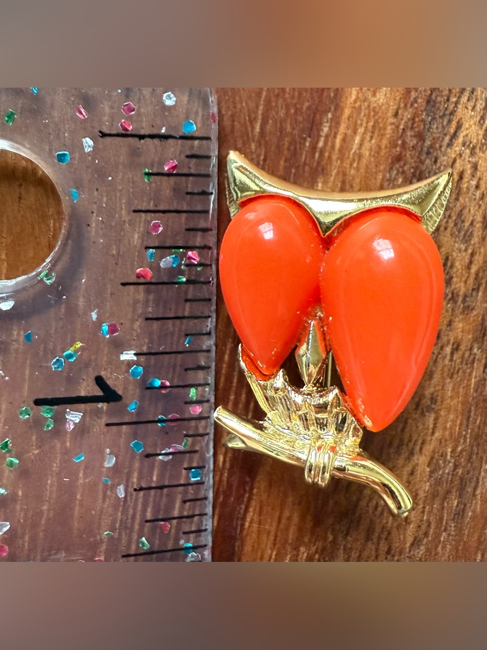 Unusual Vintage Gold and Bright Orange Thermoset Owl Brooch Pin Gold Tone